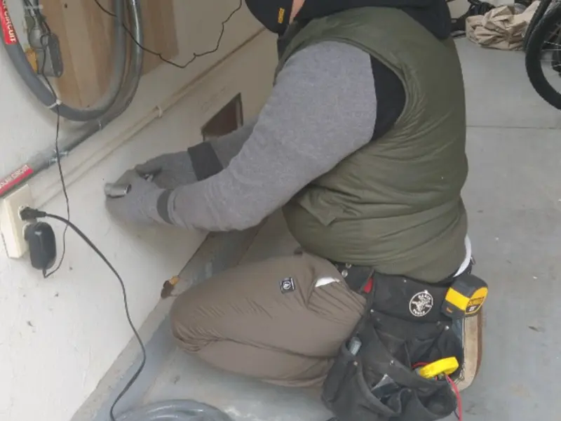 Electrician performing outlet wiring in a Mamaroneck garage